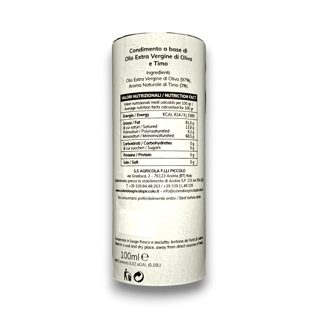 OLIO EXTRA VERGINE DI OLIVA AROMATIZZATO AL TIMO - 100 ml - Etichetta