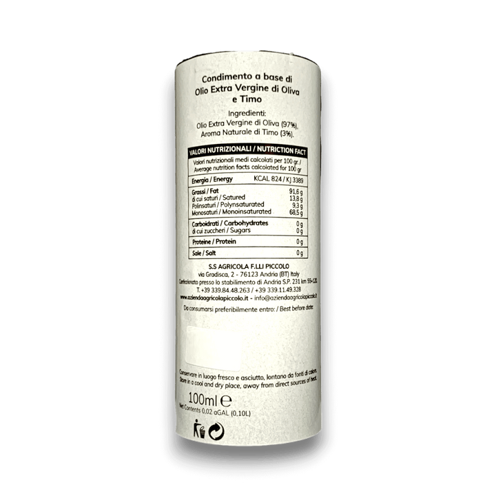 OLIO EXTRA VERGINE DI OLIVA AROMATIZZATO AL TIMO - 100 ml - Etichetta