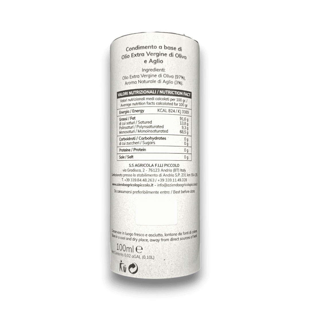 OLIO EXTRA VERGINE DI OLIVA AROMATIZZATO ALL'AGLIO - 100 ml - Etichetta