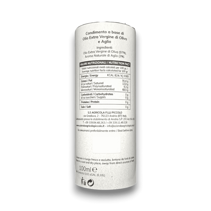 OLIO EXTRA VERGINE DI OLIVA AROMATIZZATO ALL'AGLIO - 100 ml - Etichetta
