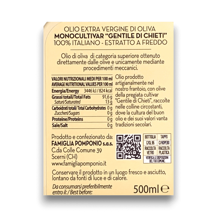 OLIO EVO MONOCULTIVAR GENTILE DI CHIETI - 500 ml - Etichetta