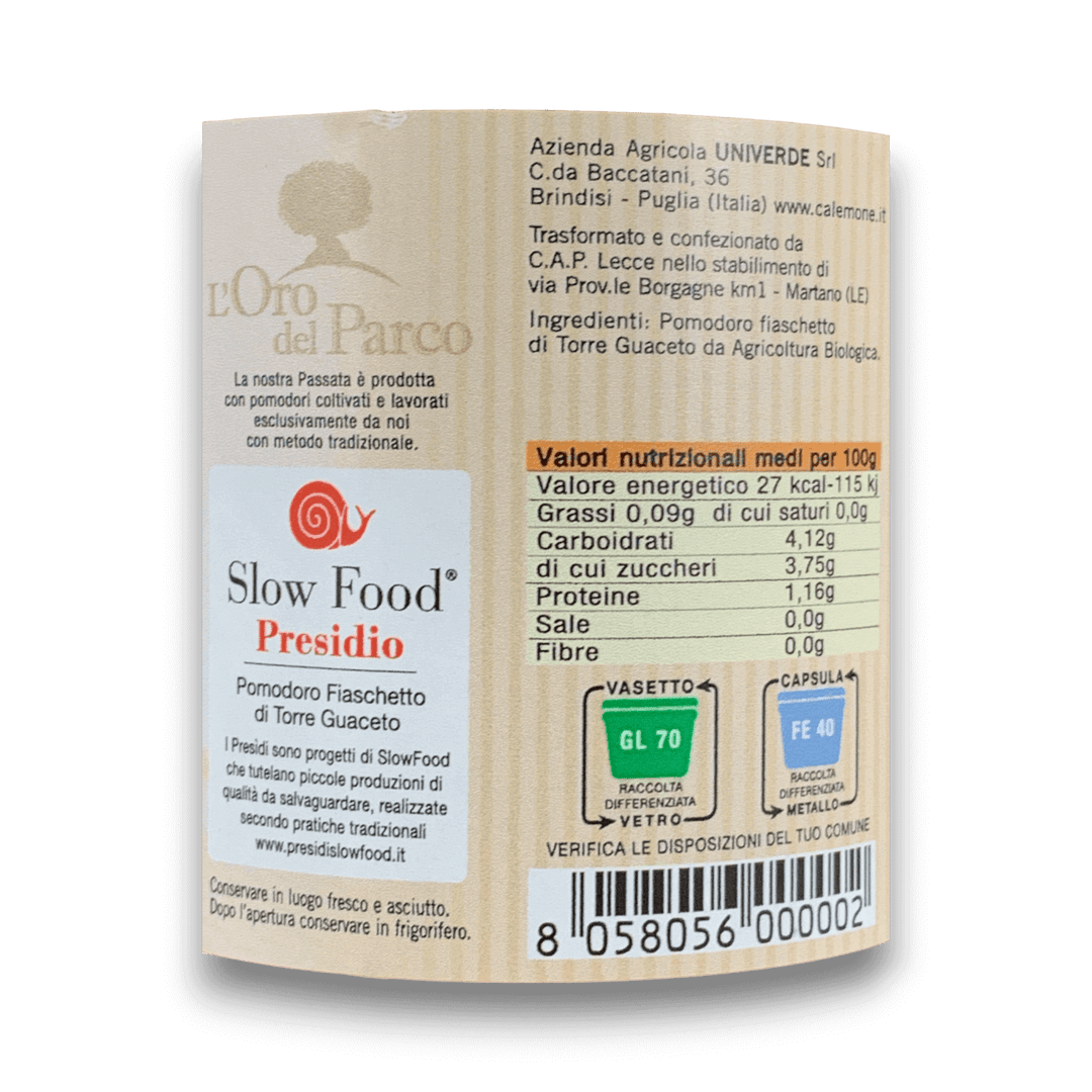 PASSATA BIOLOGICA DI POMODORO FIASCHETTO - 500 g - Etichetta
