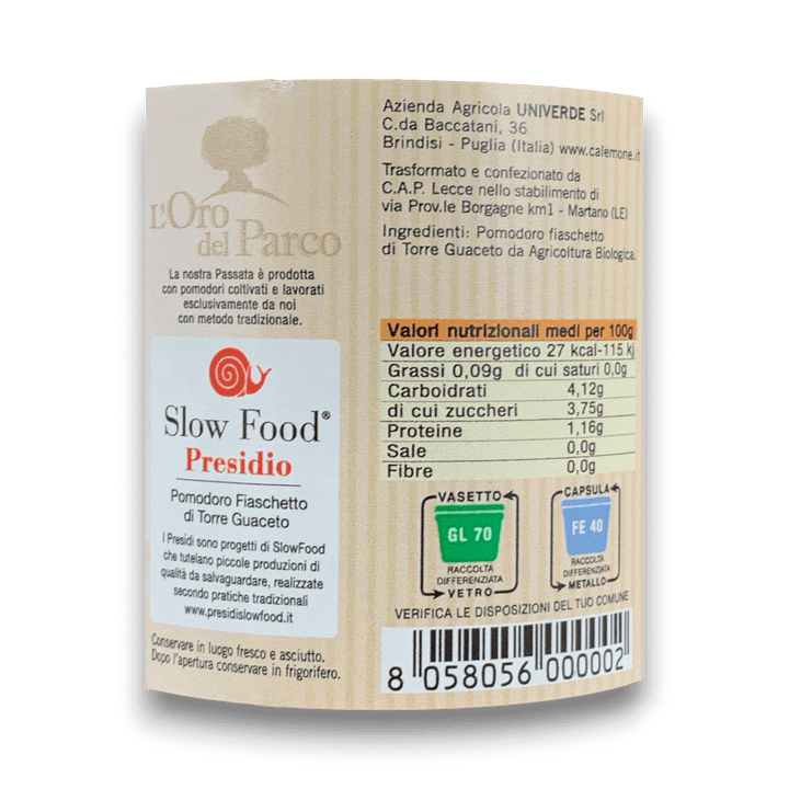 PASSATA BIOLOGICA DI POMODORO FIASCHETTO - 500 g - Etichetta