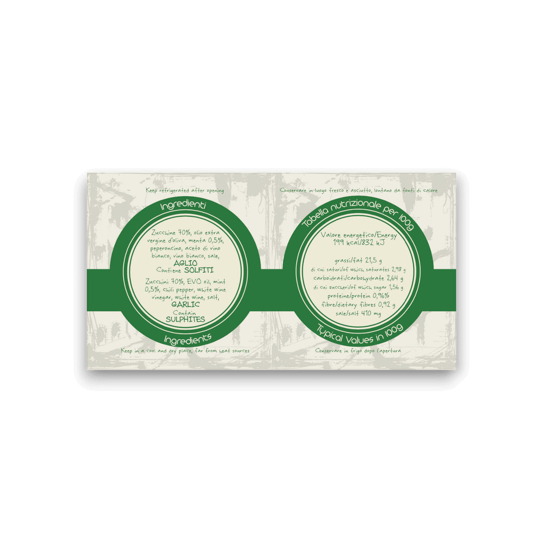 ZUCCHINE E MENTA - IN OLIO EXTRA VERGINE DI OLIVA - 220 g - Etichetta 2