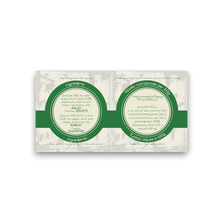 ZUCCHINE E MENTA - IN OLIO EXTRA VERGINE DI OLIVA - 220 g - Etichetta 2