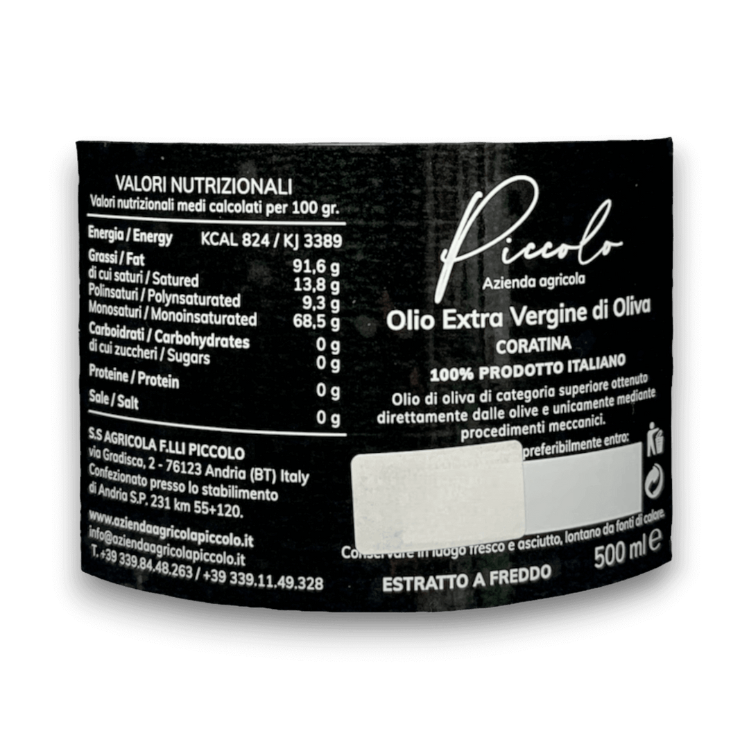 OLIO EXTRAVERGINE DI OLIVA - MONOCULTIVAR CORATINA - 500 ml - Etichetta