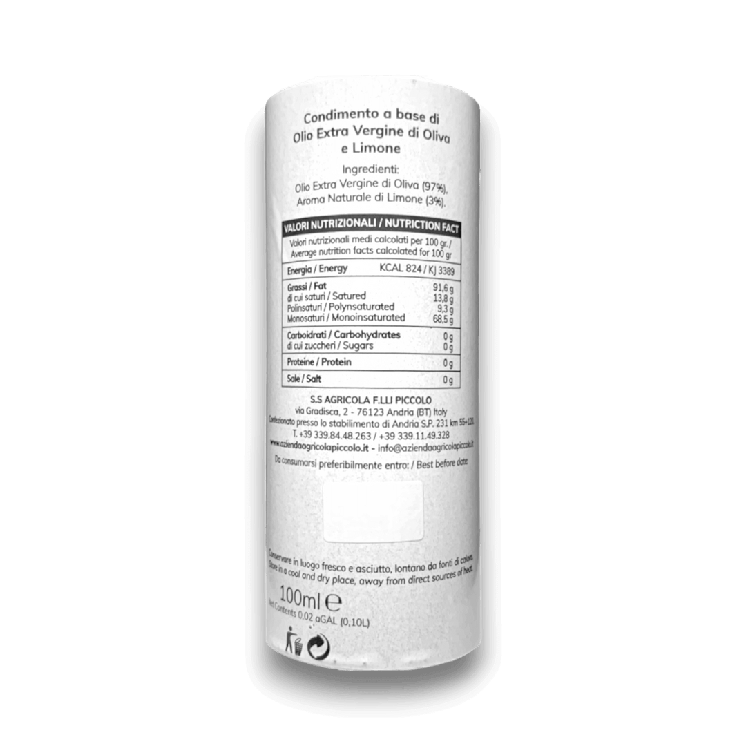 OLIO EXTRA VERGINE DI OLIVA AROMATIZZATO AL LIMONE - 100 ml - Etichetta