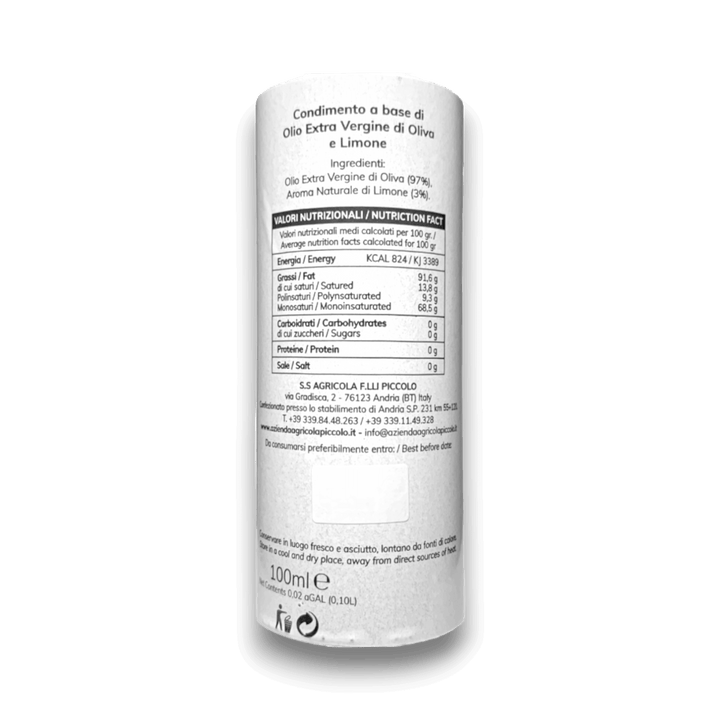 OLIO EXTRA VERGINE DI OLIVA AROMATIZZATO AL LIMONE - 100 ml - Etichetta